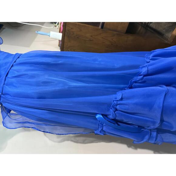 70s 80s Elegant Royal Blue One-Shoulder Ruffled Evening Dress Fancy Frocks - Picture 6 of 12